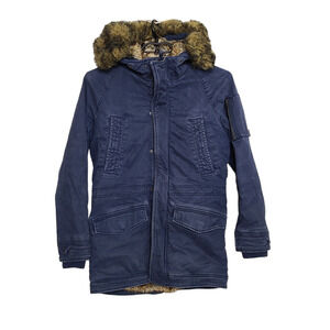 Hollister Parka Coat Womens Blue Faux Fur Lined Small Y2K Hood Warm